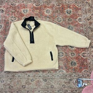 Boohoo Cream Sherpa Half-Zip Pullover with Black Trim